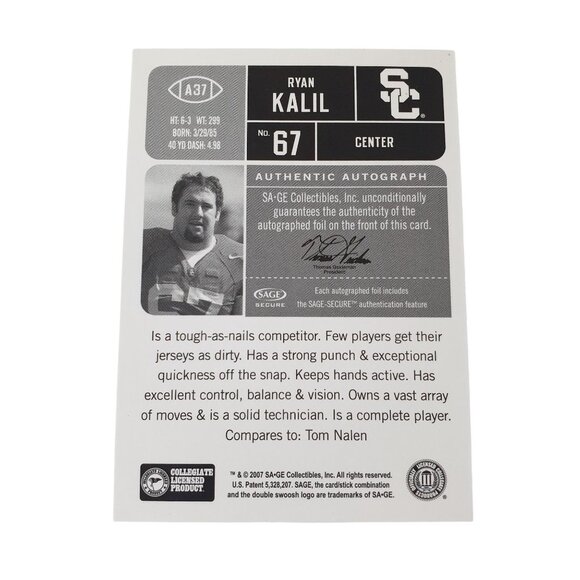 Ryan Kalil USC Trojans 67 Autographed Trading Card 2007 Football Collectable - Picture 2 of 2